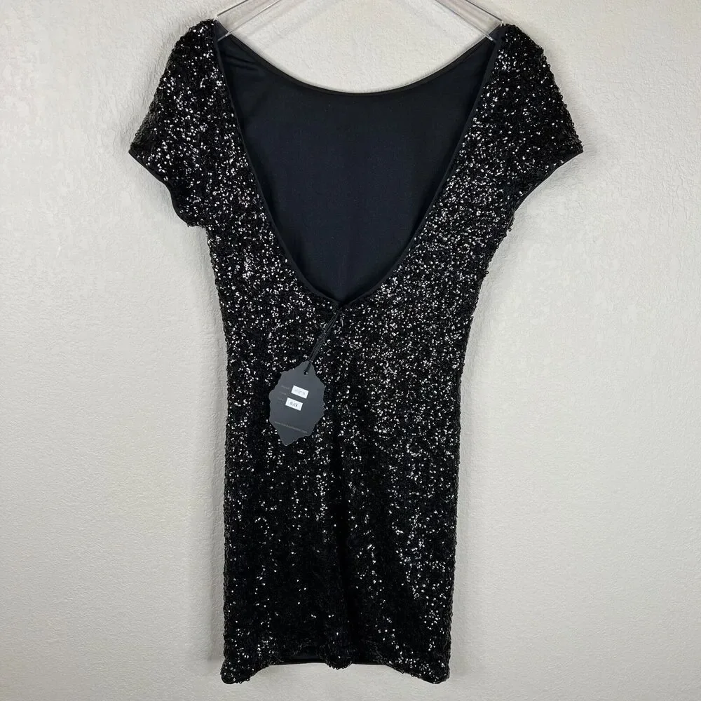 BLACK Mini Dress Small Black Sequined Short Sleeve Open Back Cocktail - Picture 5 of 12